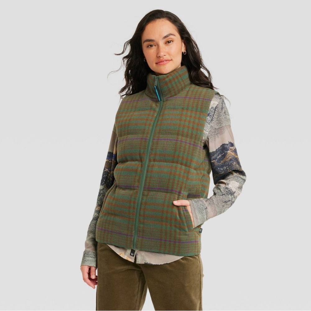 Houston White Adult Puffer Vest - Green Plaid S